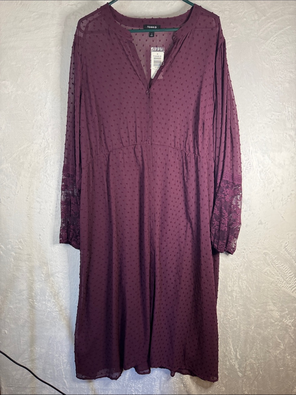 Torrid Plum Textured Swiss Dot Duster with Lace Sleeves 3x NWT